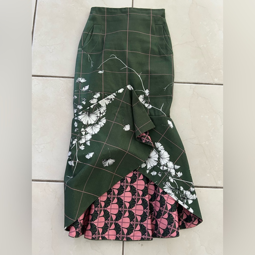 Johanna Ortiz Asymmetrical/“Mermaid” fit Skirt in Green and Pink